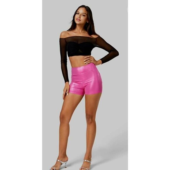 NWT SOFTLYZERO FAUX LEATHER HIGH WAISTED METALLIC FOIL PRINT STRETCHY CASUAL BIK - Picture 1 of 7